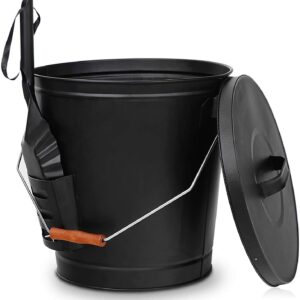 Hot Ash Bucket Fireproof Pellet Bucket with Lid and Shovel for Fireplaces, Fire Pits - Black