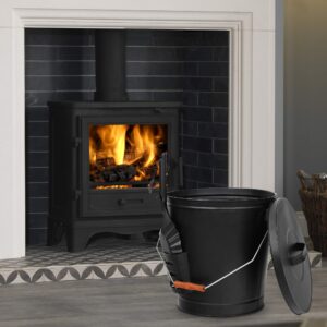 Hot Ash Bucket Fireproof Pellet Bucket with Lid and Shovel for Fireplaces, Fire Pits - Black