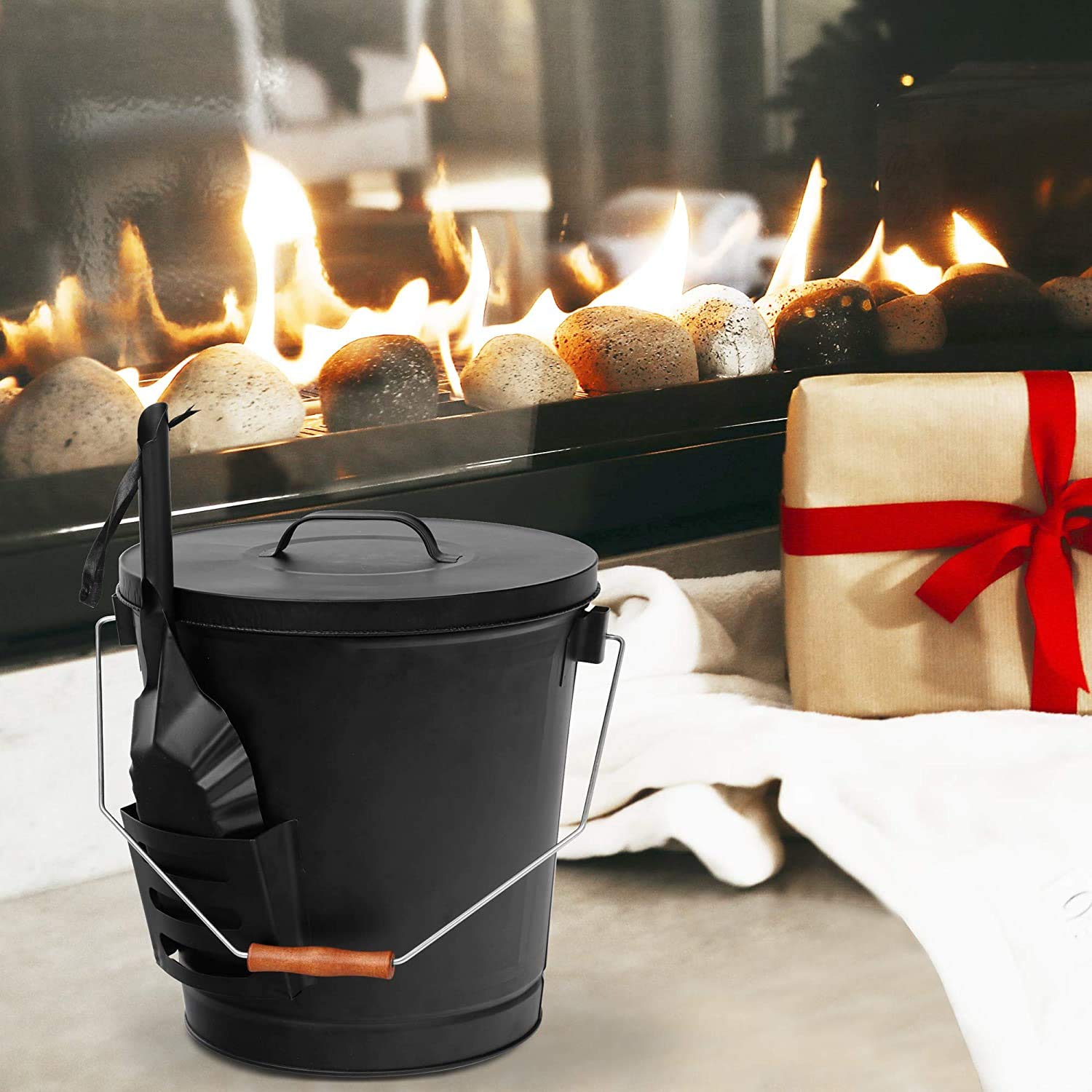 Hot Ash Bucket Fireproof Pellet Bucket with Lid and Shovel for Fireplaces, Fire Pits - Black