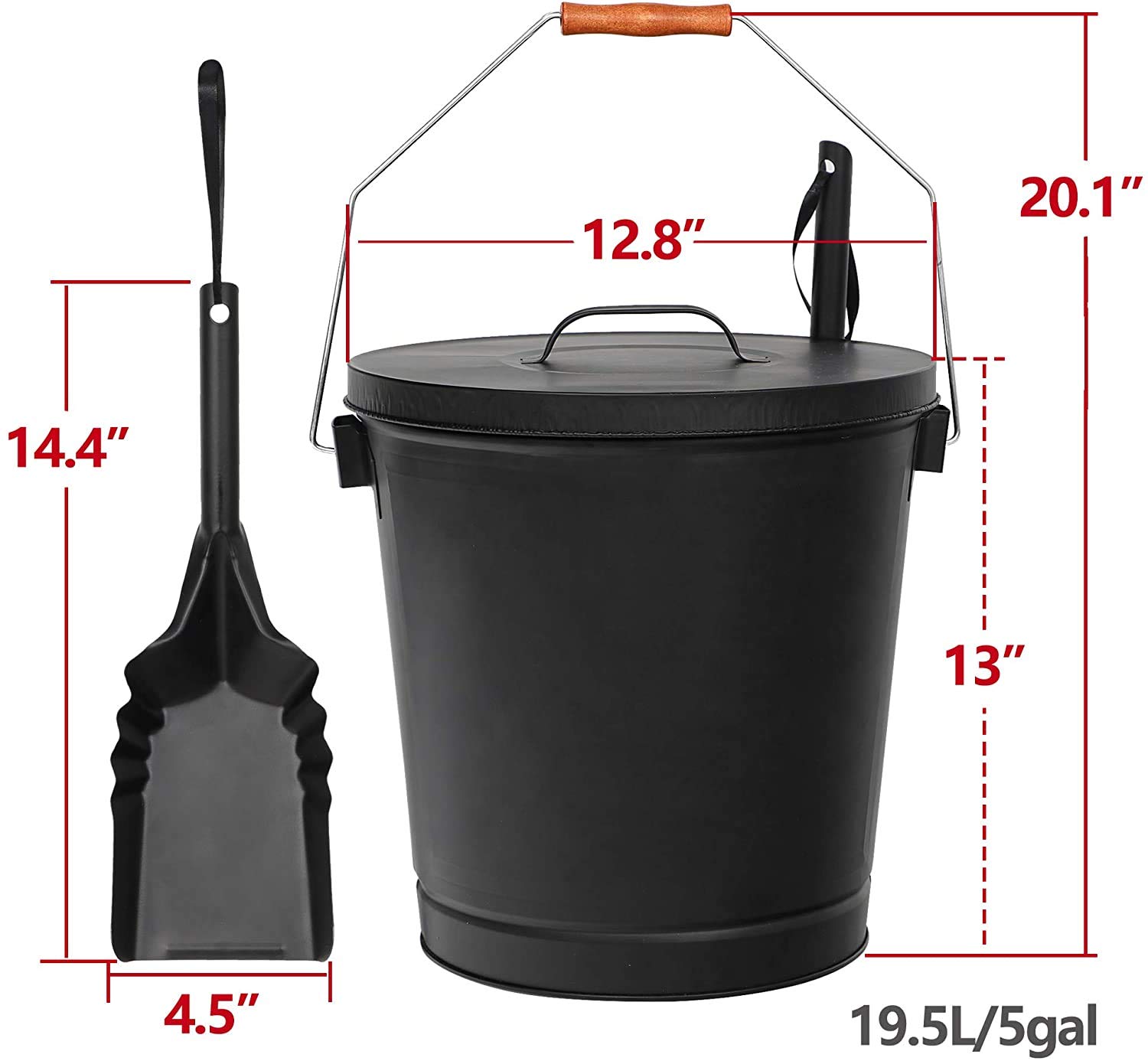 Hot Ash Bucket Fireproof Pellet Bucket with Lid and Shovel for Fireplaces, Fire Pits - Black