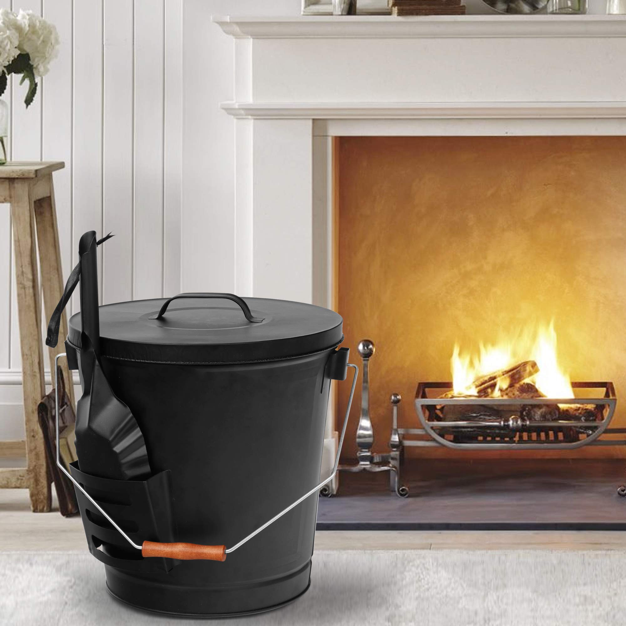 Hot Ash Bucket Fireproof Pellet Bucket with Lid and Shovel for Fireplaces, Fire Pits - Black