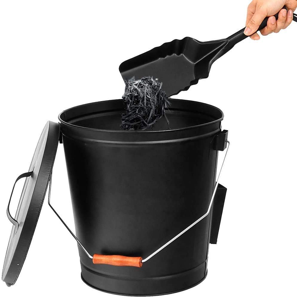 Hot Ash Bucket Fireproof Pellet Bucket with Lid and Shovel for Fireplaces, Fire Pits - Black