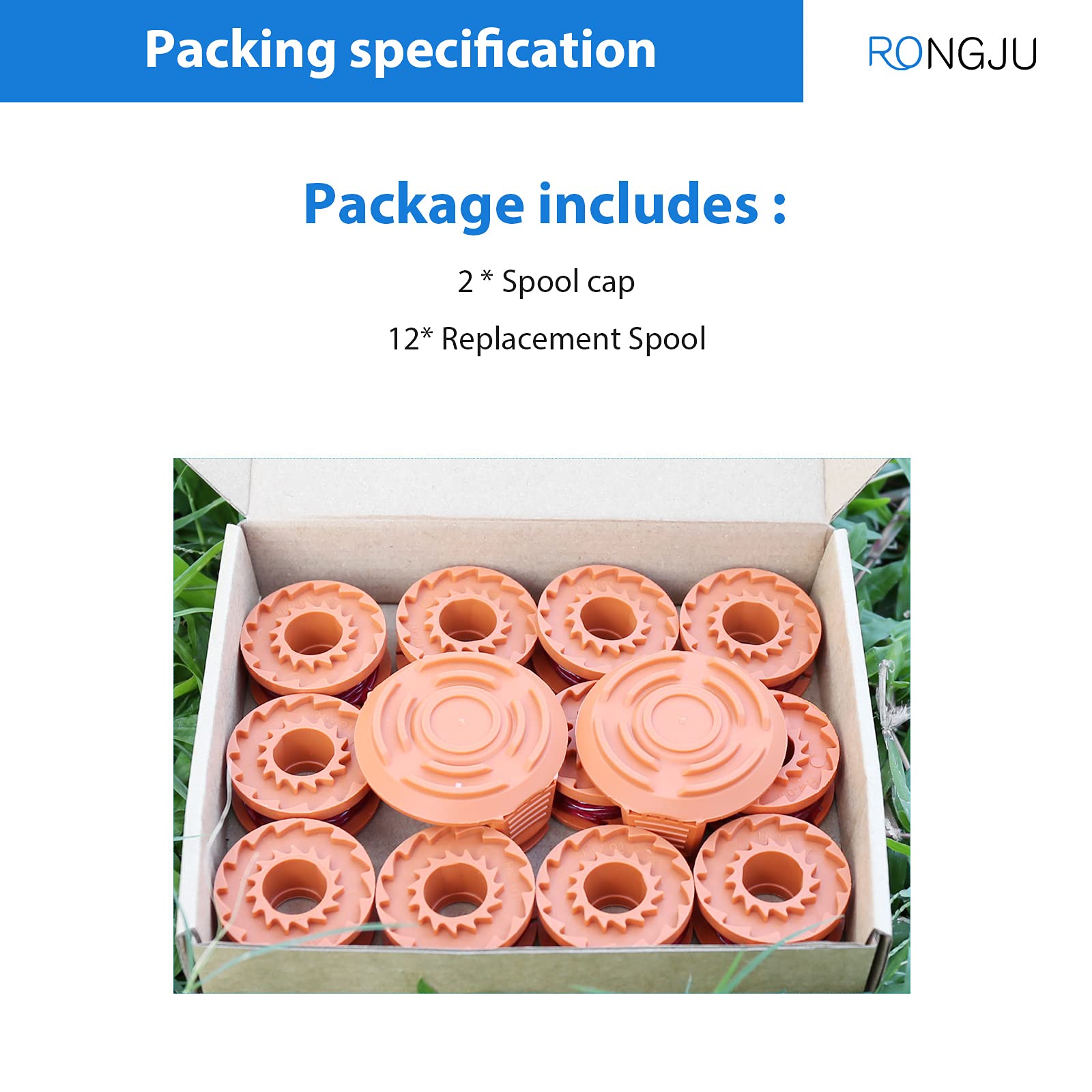 RONGJU 12-Pack Replacement Trimmer Spool Line for Worx WA0010 WG180 WG163 WG175 Electric Trimmer/Edger Weed Eater Line 10ft 0.065 ”+ 2 Pack Spool Cap Covers (12 Spools, 2 Caps)