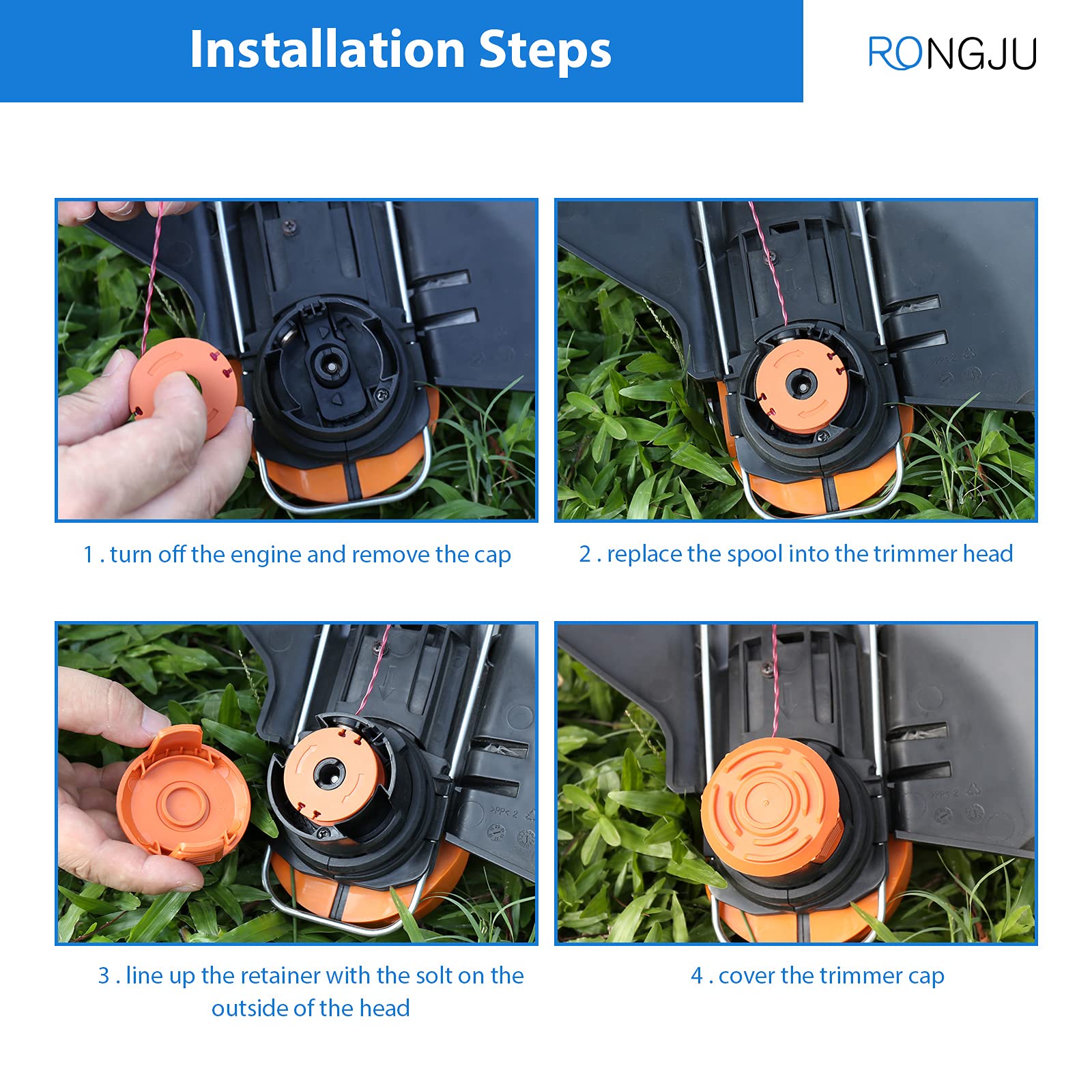 RONGJU 12-Pack Replacement Trimmer Spool Line for Worx WA0010 WG180 WG163 WG175 Electric Trimmer/Edger Weed Eater Line 10ft 0.065 ”+ 2 Pack Spool Cap Covers (12 Spools, 2 Caps)