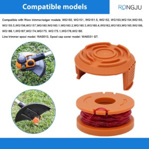 RONGJU 12-Pack Replacement Trimmer Spool Line for Worx WA0010 WG180 WG163 WG175 Electric Trimmer/Edger Weed Eater Line 10ft 0.065 ”+ 2 Pack Spool Cap Covers (12 Spools, 2 Caps)