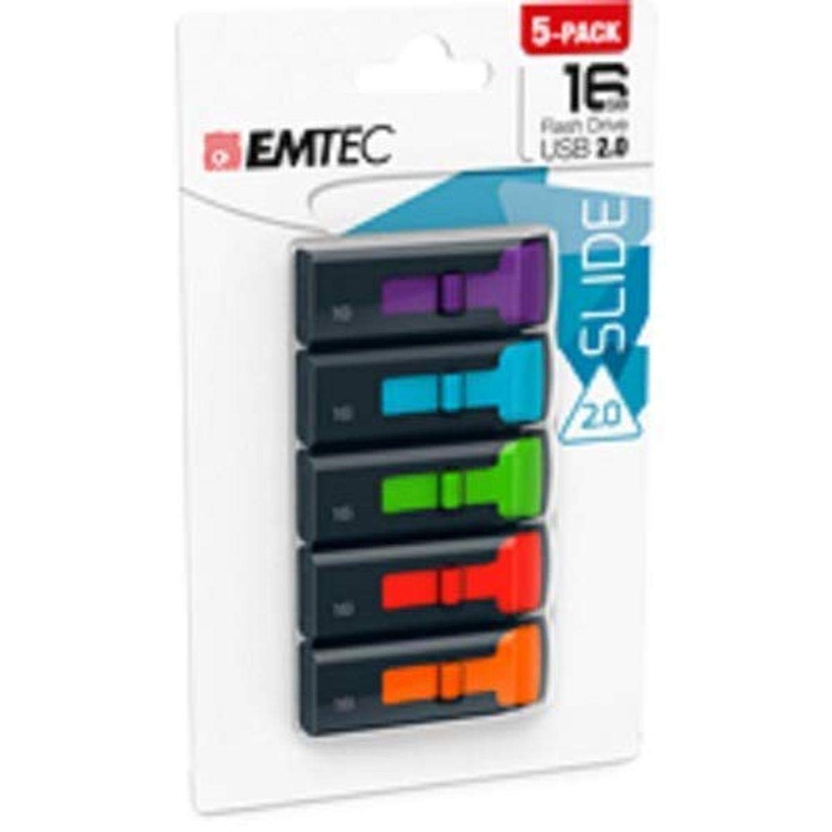 Emtec C450 16GB, USB 2.0 Flash Drives, 5-Pack Assorted Colors