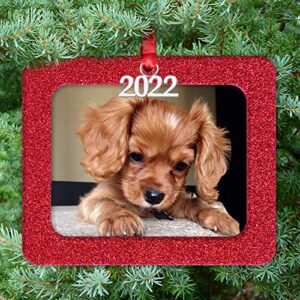 2022 Christmas Photo Frame Ornament, Magnetic Glitter with Non-Glare Photo Protector, Horizontal - Red, 3-Pack