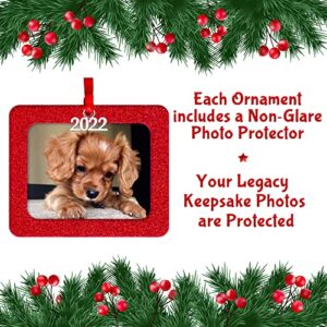 2022 Christmas Photo Frame Ornament, Magnetic Glitter with Non-Glare Photo Protector, Horizontal - Red, 3-Pack