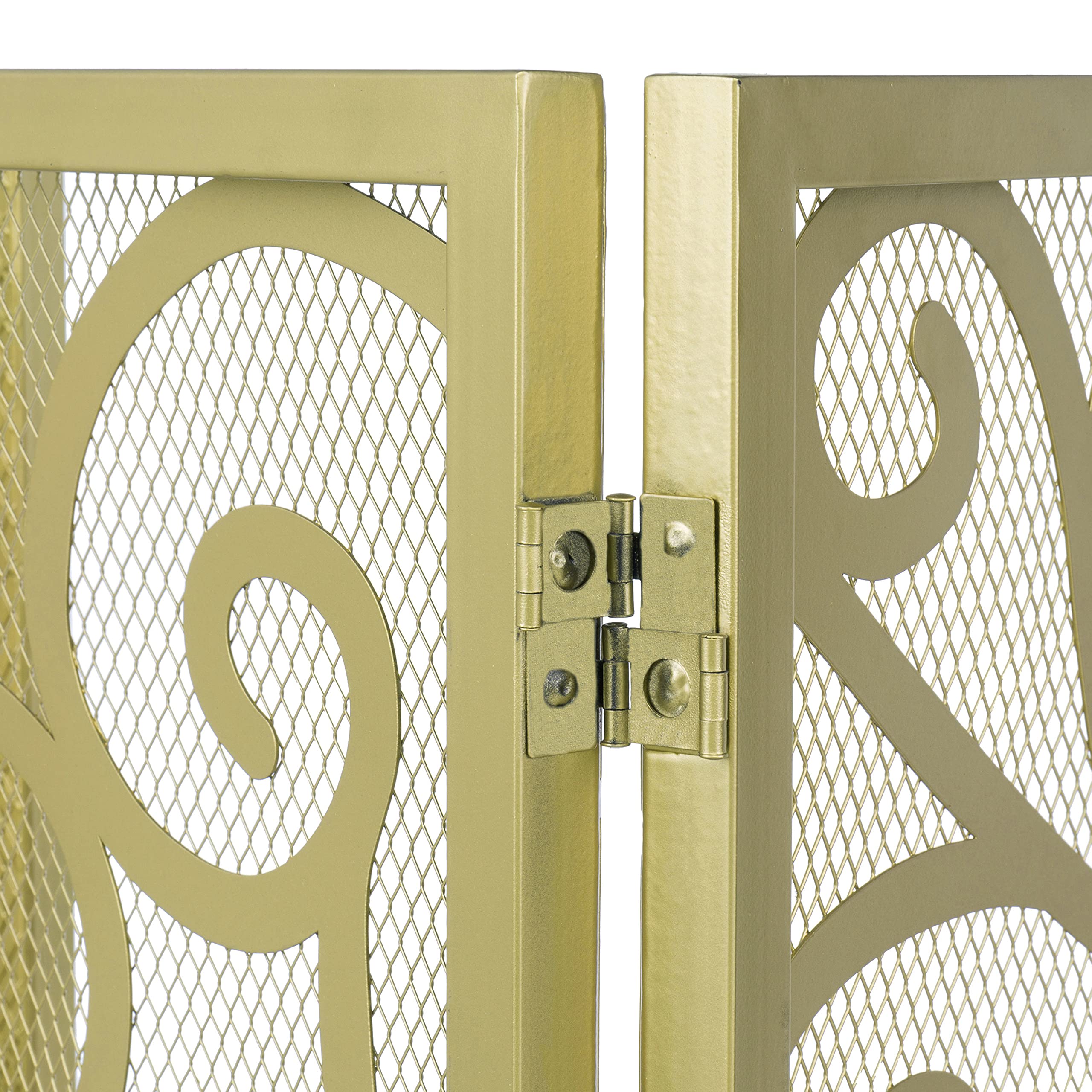 MyGift 3-Panel Vintage Gold-Tone Scrollwork Freestanding Metal Fireplace Screen