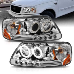 amerilite for 1997-2003 ford f150 f-series expedition chrome projector replacement headlights assembly xreme led halos included bulbs - passenger and driver side