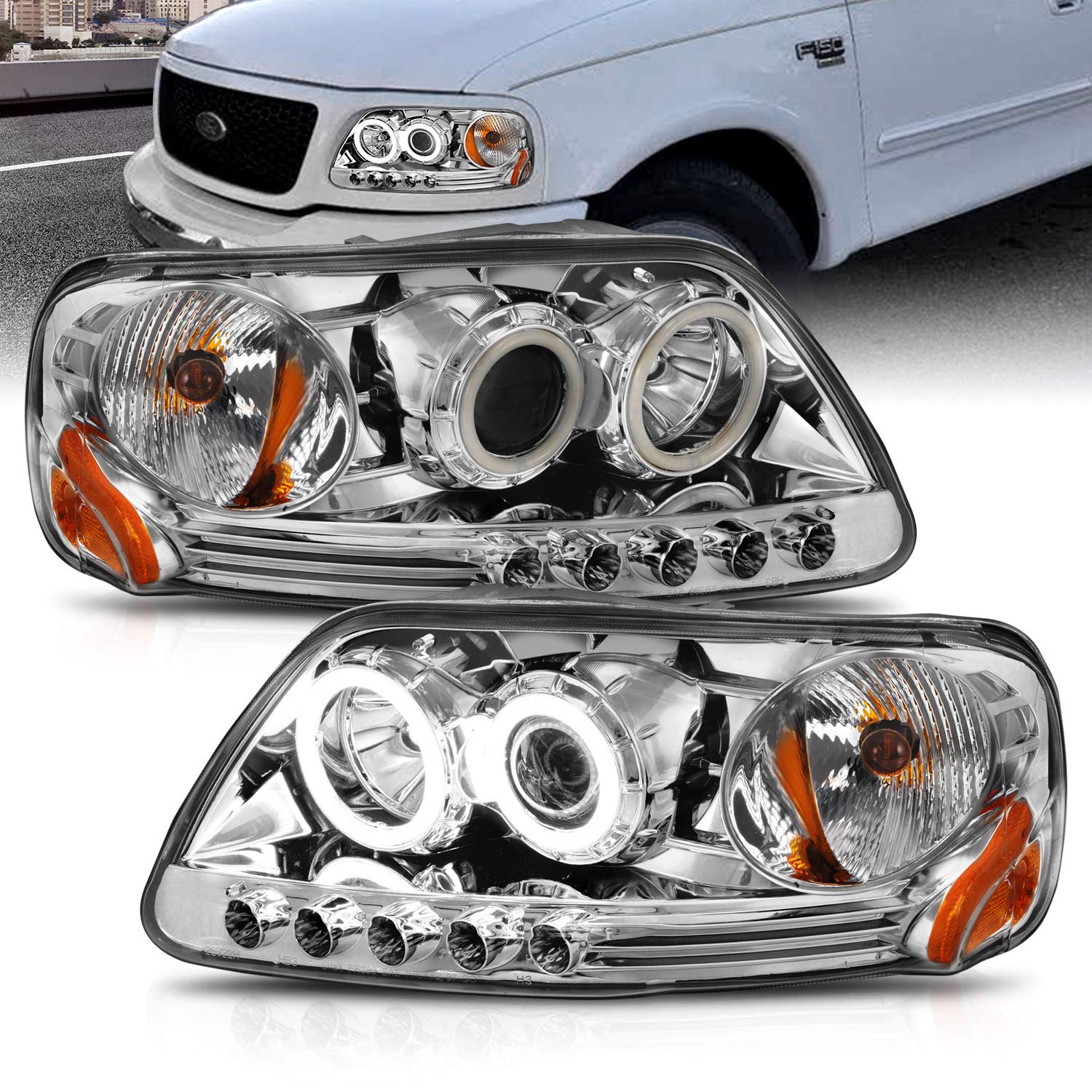 AmeriLite for 1997-2003 Ford F150 F-Series Expedition Chrome Projector Replacement Headlights Assembly Xreme LED Halos Included Bulbs - Passenger and Driver Side