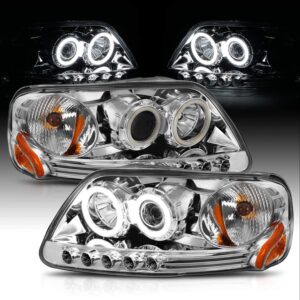 AmeriLite for 1997-2003 Ford F150 F-Series Expedition Chrome Projector Replacement Headlights Assembly Xreme LED Halos Included Bulbs - Passenger and Driver Side