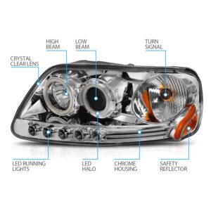 AmeriLite for 1997-2003 Ford F150 F-Series Expedition Chrome Projector Replacement Headlights Assembly Xreme LED Halos Included Bulbs - Passenger and Driver Side