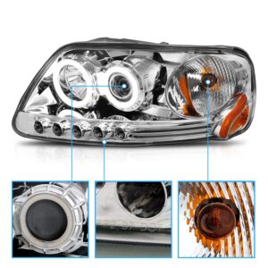 AmeriLite for 1997-2003 Ford F150 F-Series Expedition Chrome Projector Replacement Headlights Assembly Xreme LED Halos Included Bulbs - Passenger and Driver Side