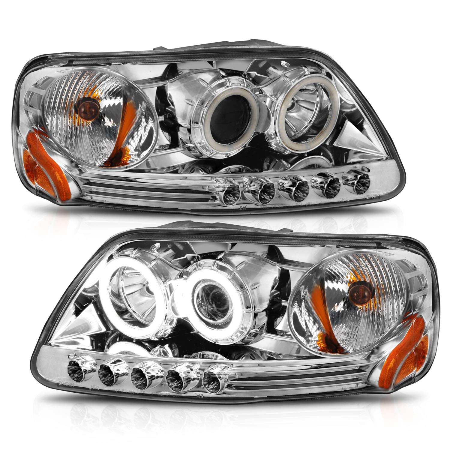 AmeriLite for 1997-2003 Ford F150 F-Series Expedition Chrome Projector Replacement Headlights Assembly Xreme LED Halos Included Bulbs - Passenger and Driver Side