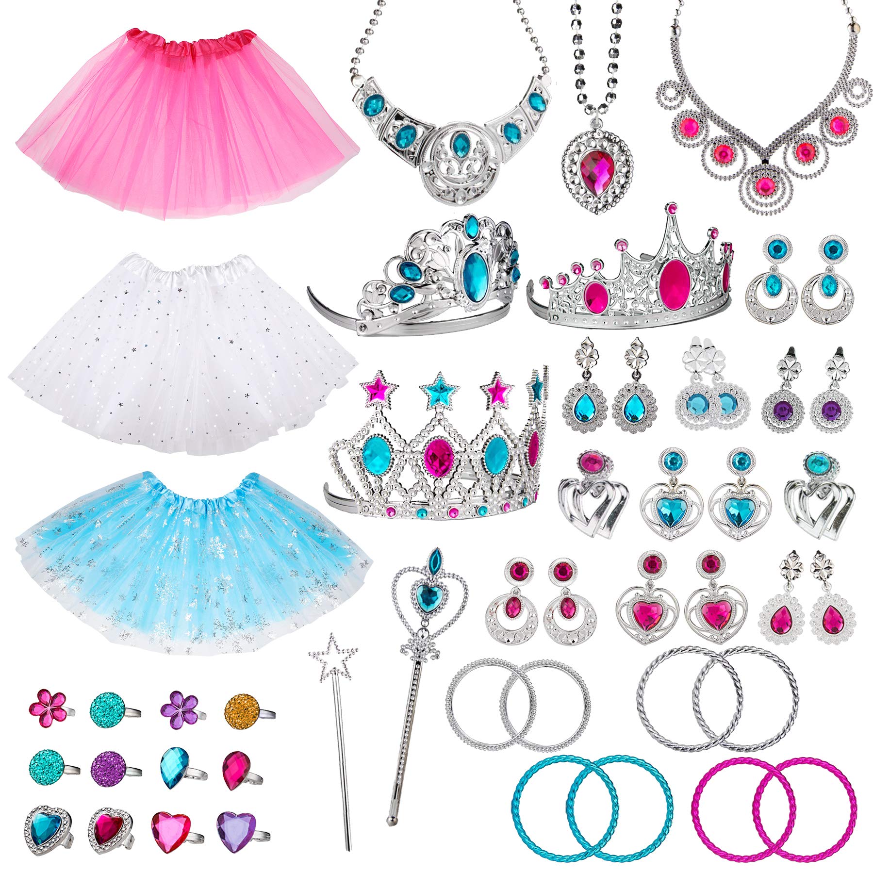 WATINC 51Pcs Princess Jewelry Toy Pretend Play Set Ballet Tutu Skirts of Stars Snowflake for Little Girls Crowns Necklaces Adjustable Jewel Rings Earrings Bracelets Wands Dress Up Accessories for Kids