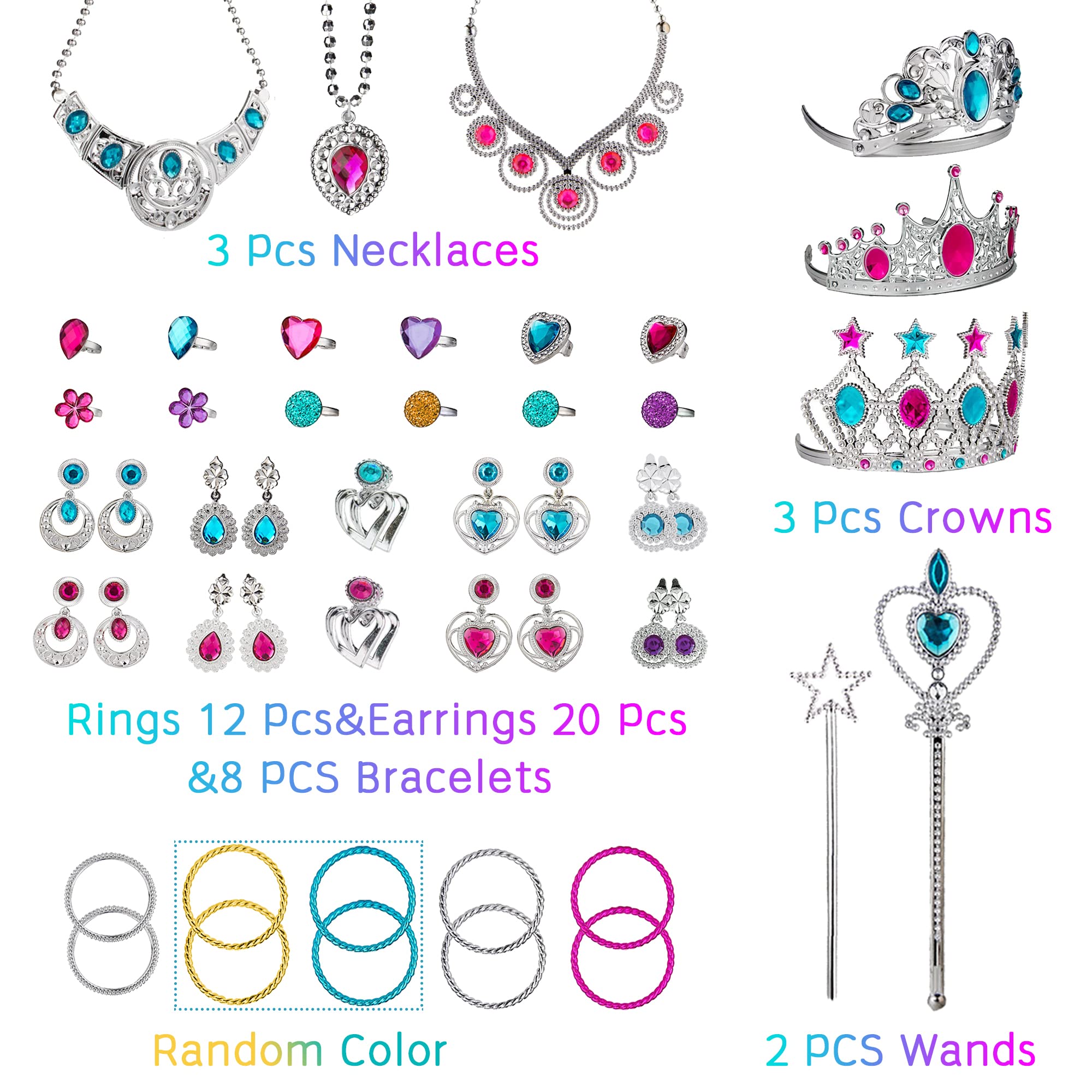 WATINC 51Pcs Princess Jewelry Toy Pretend Play Set Ballet Tutu Skirts of Stars Snowflake for Little Girls Crowns Necklaces Adjustable Jewel Rings Earrings Bracelets Wands Dress Up Accessories for Kids