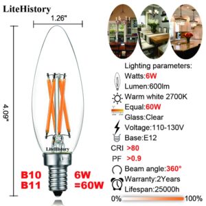 LiteHistory E12 led Bulb Dimmable 6W Equal 60 Watt 2700K AC120V Edison Bulb B10 B11 Candelabra Bulbs for Chandelier and Ceiling Fan Light Bulbs 600LM e12 Bulb 12Pack