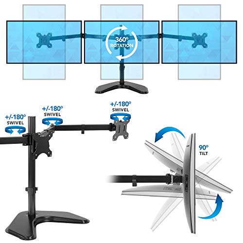 Mount-It! Triple Monitor Stand - Freestanding Computer Desk Mount Fits Up to 27 Inch Monitors, VESA 75, 100 Compatible