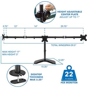 Mount-It! Triple Monitor Stand - Freestanding Computer Desk Mount Fits Up to 27 Inch Monitors, VESA 75, 100 Compatible