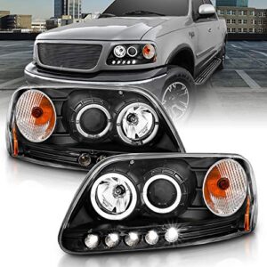 amerilite for 1997-2003 ford f150 / expedition black projector led dual halo ring headlights assembly pair - passenger and driver side