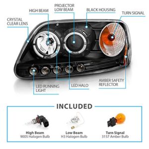 AmeriLite for 1997-2003 Ford F150 / Expedition Black Projector LED Dual Halo Ring Headlights Assembly Pair - Passenger and Driver Side