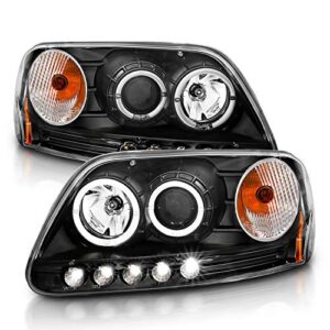 AmeriLite for 1997-2003 Ford F150 / Expedition Black Projector LED Dual Halo Ring Headlights Assembly Pair - Passenger and Driver Side