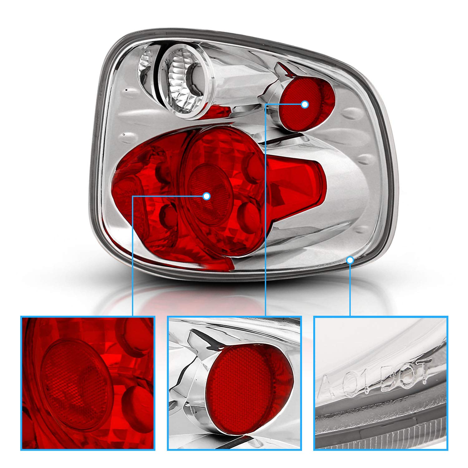 AmeriLite for 2001-2003 Ford F-150 Flareside Euro Chrome Replacement Tail Lights Brake Lamp Pair - Passenger and Driver Side