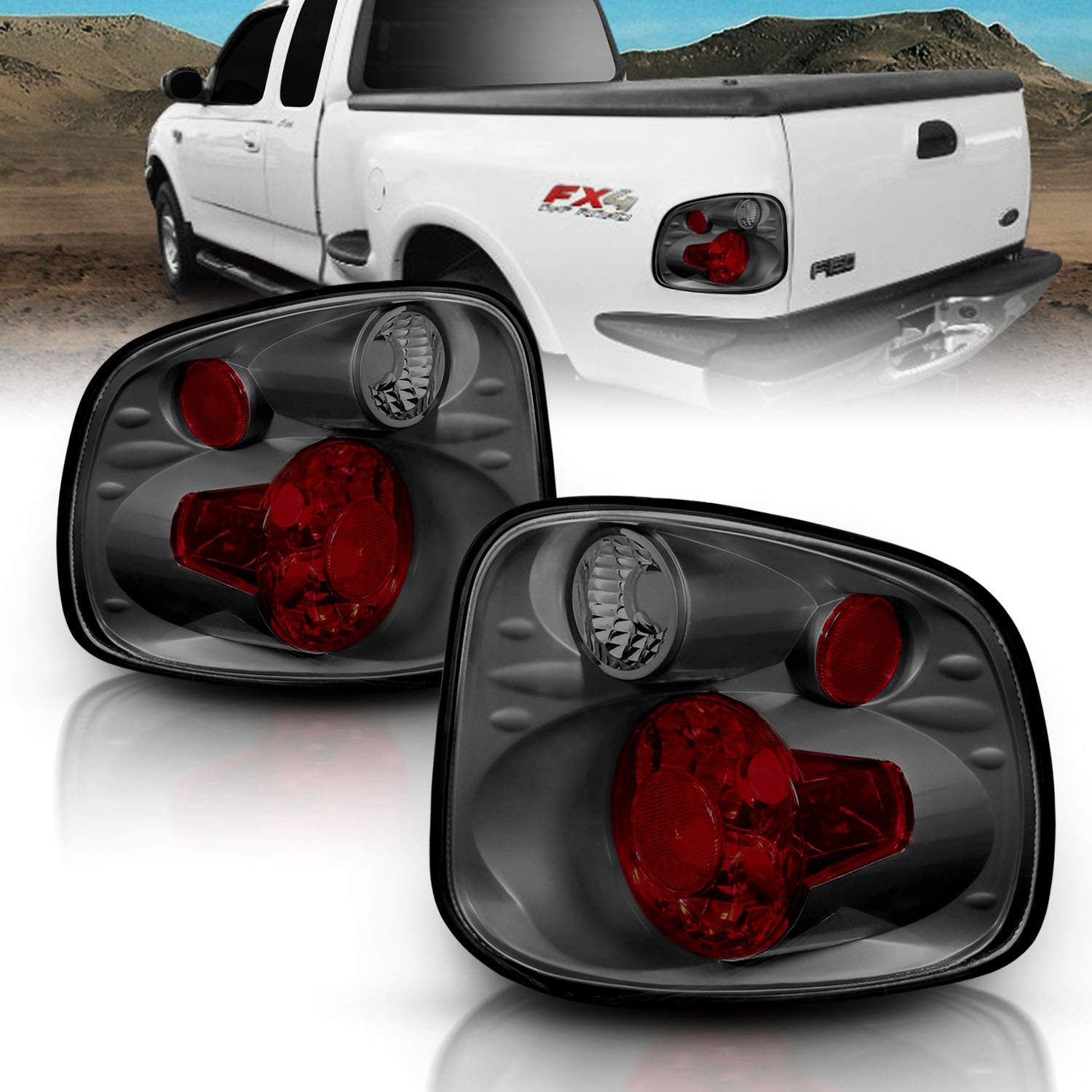 AmeriLite for 2001-2003 Ford F-150 Flareside Euro Gun Metal Replacement Tail Lights Brake Lamp Pair - Passenger and Driver Side