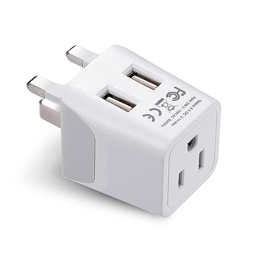 Ceptics UK Travel Adapter Plug - with 2 USB + USA Socket Input - Type G - Ultra Compact - Safe Grounded Perfect for Cell Phones, Laptops, Camera Chargers