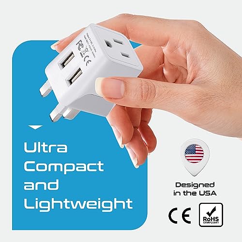 Ceptics UK Travel Adapter Plug - with 2 USB + USA Socket Input - Type G - Ultra Compact - Safe Grounded Perfect for Cell Phones, Laptops, Camera Chargers