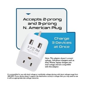 Ceptics UK Travel Adapter Plug - with 2 USB + USA Socket Input - Type G - Ultra Compact - Safe Grounded Perfect for Cell Phones, Laptops, Camera Chargers