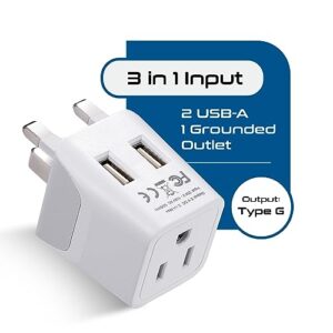 Ceptics UK Travel Adapter Plug - with 2 USB + USA Socket Input - Type G - Ultra Compact - Safe Grounded Perfect for Cell Phones, Laptops, Camera Chargers