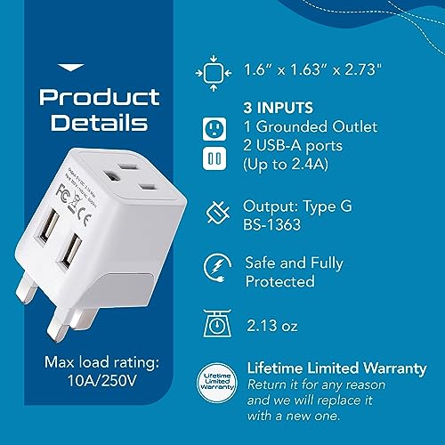 Ceptics UK Travel Adapter Plug - with 2 USB + USA Socket Input - Type G - Ultra Compact - Safe Grounded Perfect for Cell Phones, Laptops, Camera Chargers