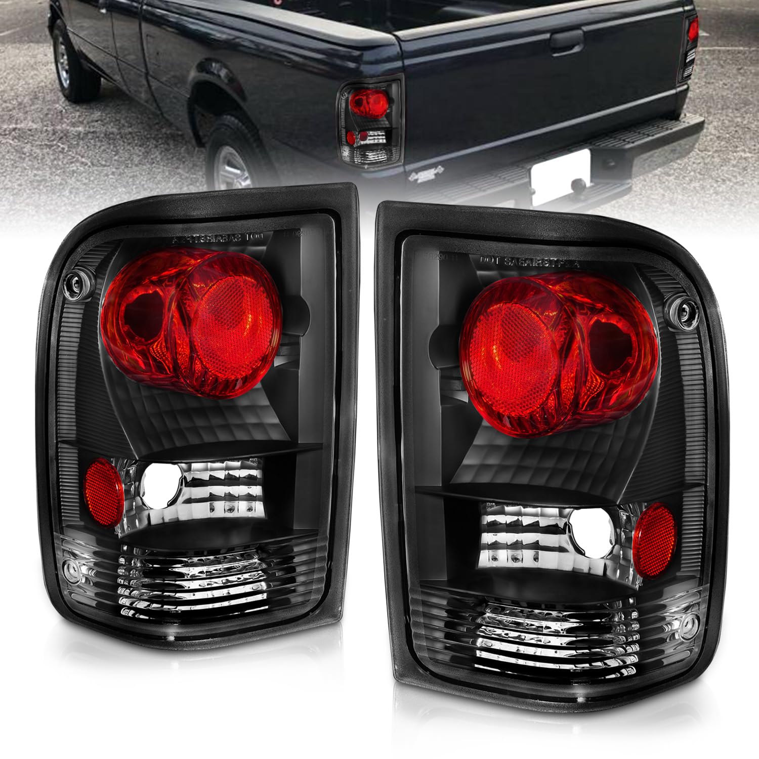 AmeriLite for 1993-1997 Ford Ranger Black JDM Replacement Brake Tail Lights Assembly Set - Passenger and Driver Side