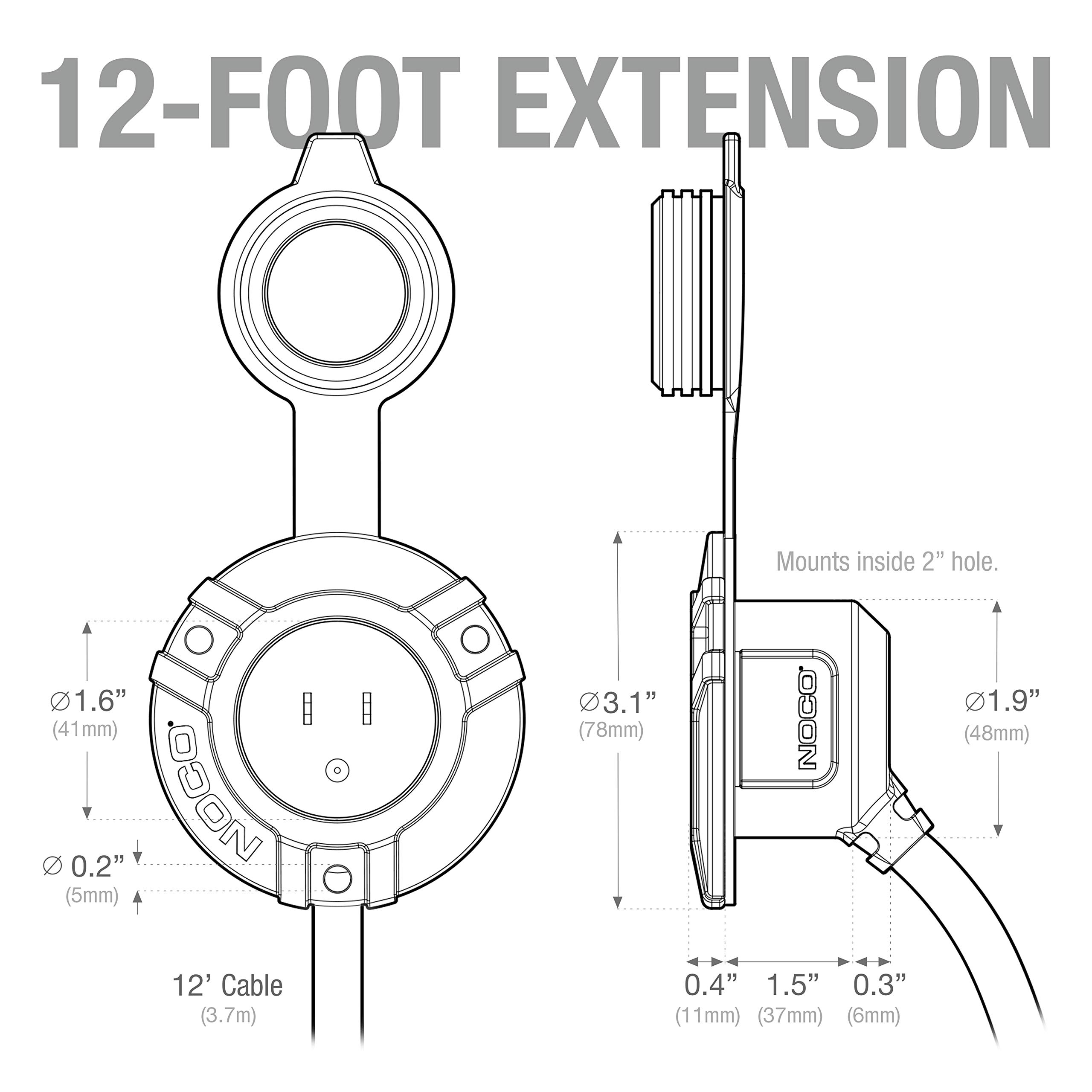 NOCO GCP1EX 15A AC Port Plug, 125V Power Inlet Socket, and Waterproof Electrical Outlet Receptacle with 12-Foot Integrated Outdoor Extension Cord