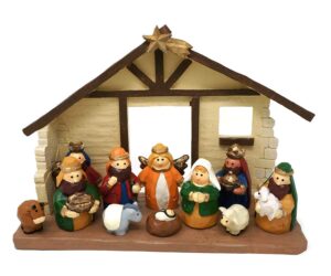 one holiday way 8-inch medium rustic colorful kids christmas nativity scene with creche, set of 12 figures - small mini decorative religious figurines christian tabletop home decor