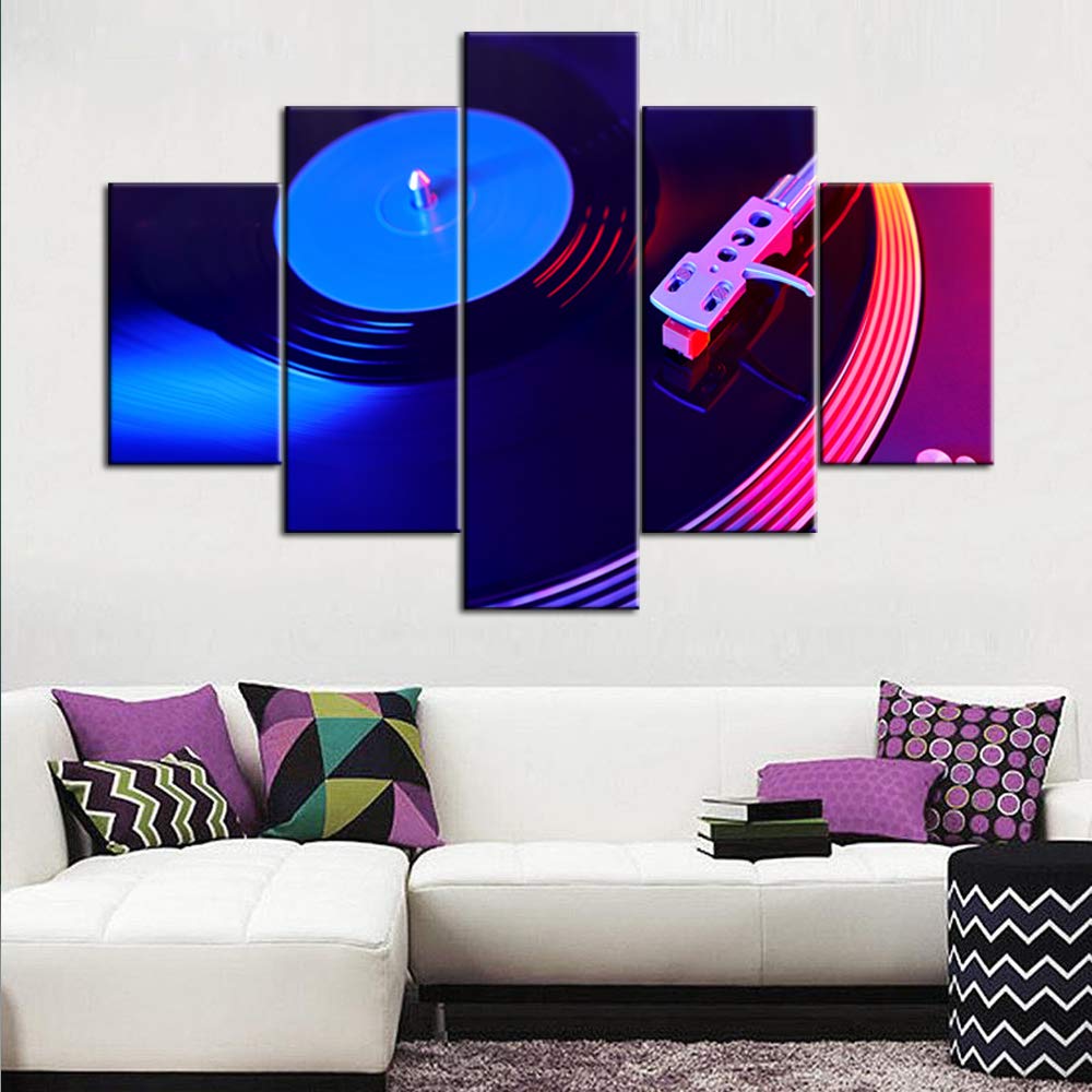 5 Panel Record In Blue And Buttons Of Studio Wall Art Painting Pictures Print On Canvas Sound Technology for DJ to Mix & Play Music The Picture For Home Modern Decoration Ready to Hang - 60"W x 40"H