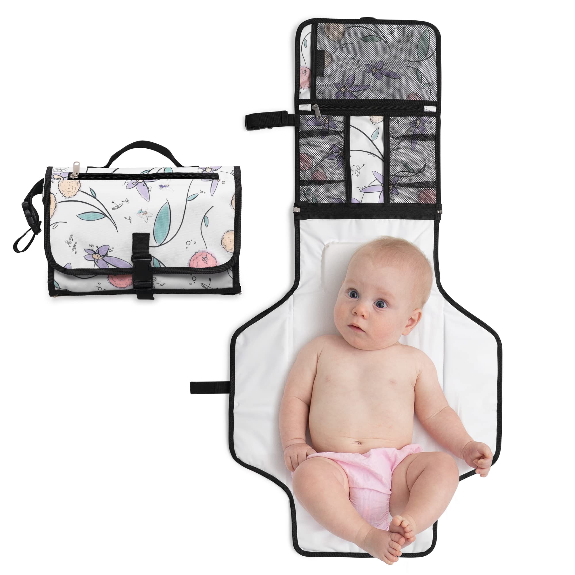 JumpOff Jo – Portable Changing Pad / Diaper Bag with Padded Changing Station, Easy Travel Changing Pad, Includes Handy Storage Pockets for Baby Necessities – Fairy Blossom