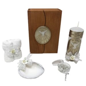 baptism candle set in a wooden box with towel, catholic baptism kit,candle, rosary and shell for baby boys and girls. handmade in mexico gift for godparents. holy spirit baptism kit kit de bautizo.