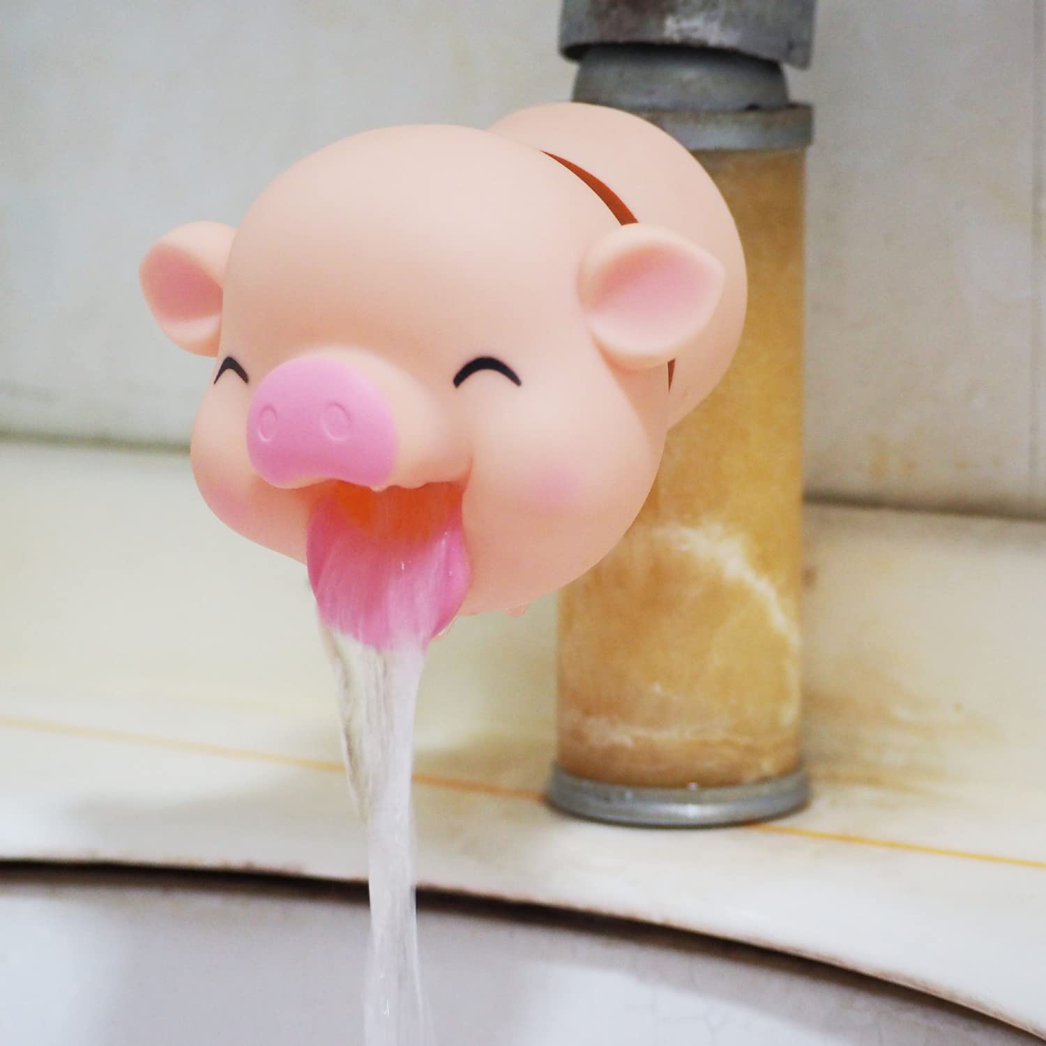 Odowalker Cartoon Pig Head Faucet Extender Washbasin Bath Spout Cover Cute Animal Faucet Cover Bath Fun