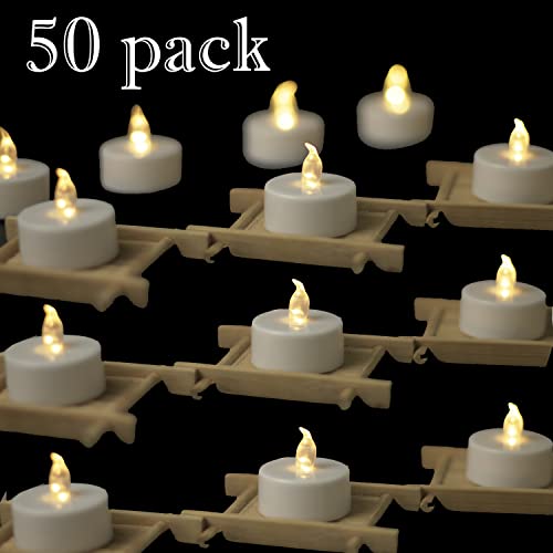 Tea Lights 50pack flameless Tea Light Candles 200 Hours Pack of Warm White Light Realistic Flickering Bulb Battery Operated Tea Lights for Halloween Seasonal Festival Celebration Electric Fake Candle