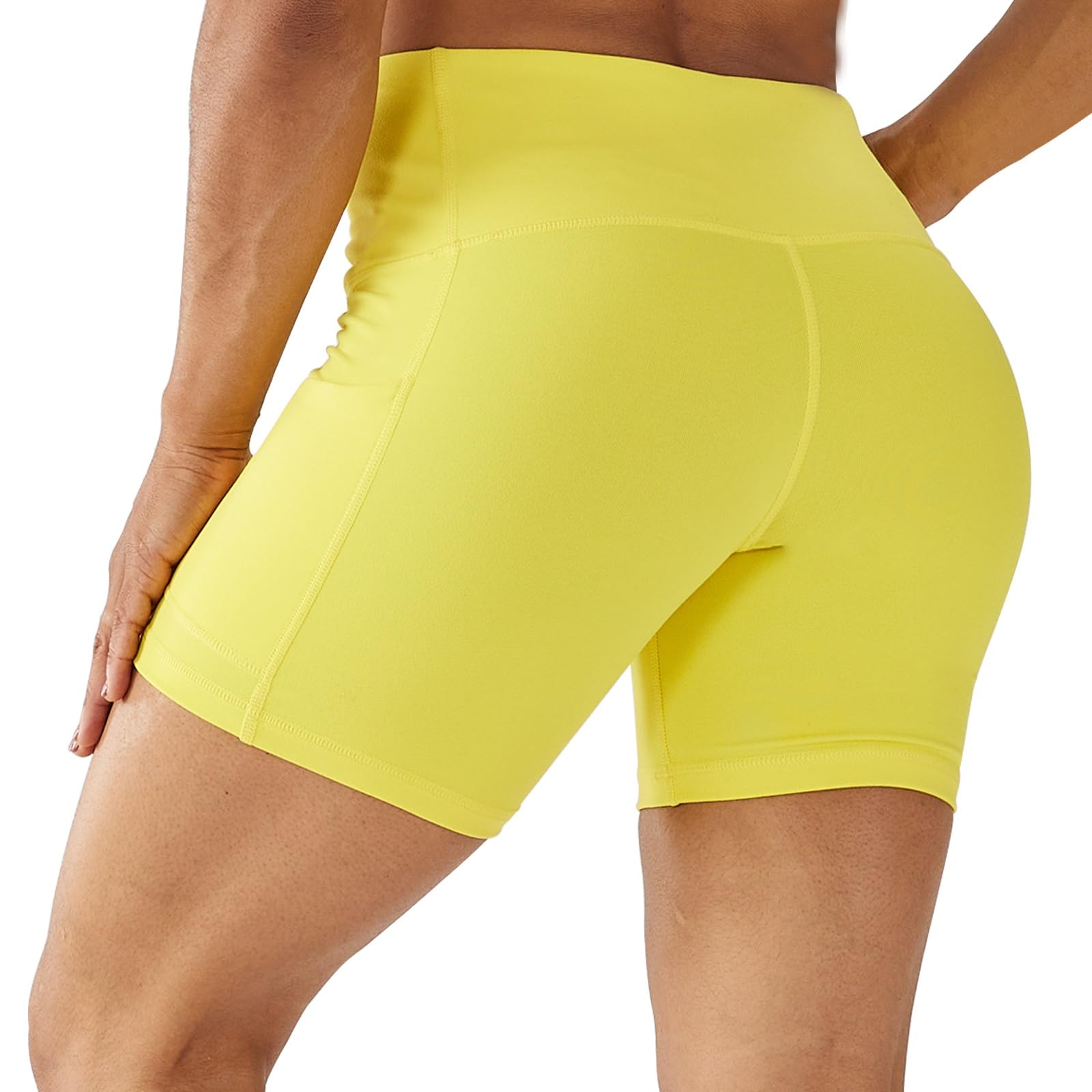 LOVESOFT Women's 5" High Waist Biker Shorts Workout Yoga Running Gym Compression Spandex Volletball Shorts with Side Pockets Yellow