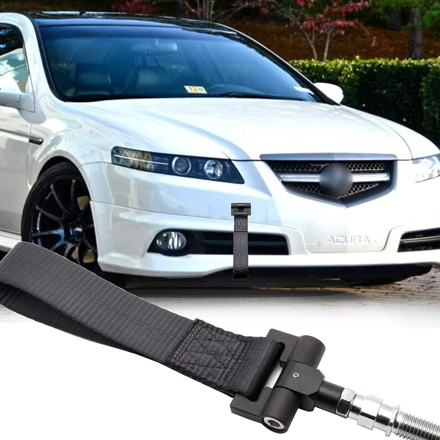 Xotic Tech Black JDM Style Track Racing Towing Strap w/Tow Hole Adapter Compatible with Honda S2000 2002-2009 & Fit 2006-2008 or Acura TL 2004-2008