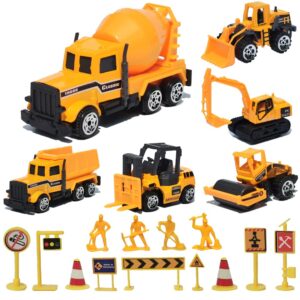 19 pack construction toys，mini diecast cars play sets dumper,bulldozers,forklift,tank truck,asphalt car,excavator,engineering worker,construction traffic sign set toy for kids boys and girls