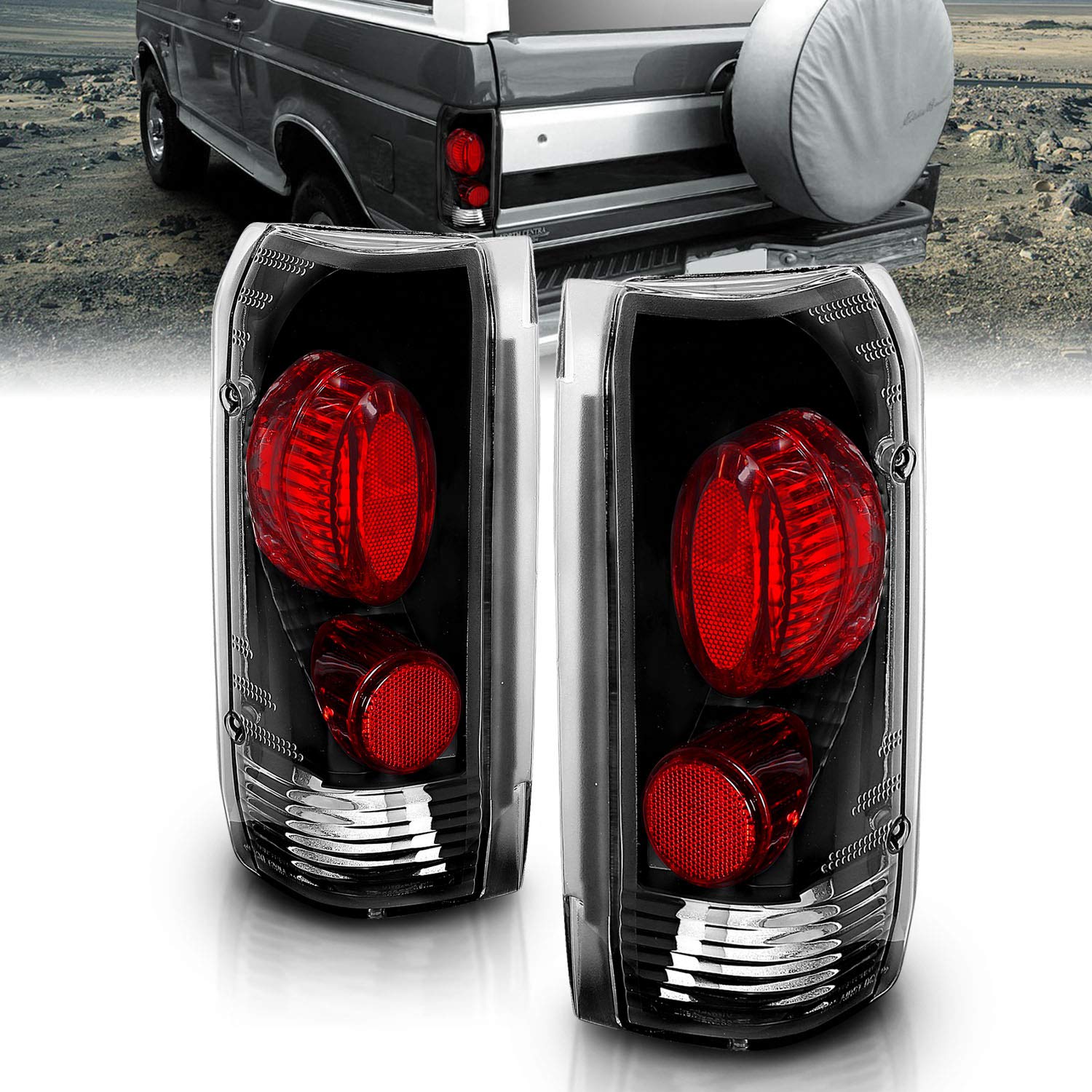 AmeriLite Euro Black Replacement Brake Tail Lights Set For 1989-1996 Ford F-Series/Bronco - Passenger and Driver Side