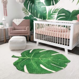 livebox nursery rug 35.5"x44" washable kids rug for bedroom, green leaf shaped area rug soft cute children play carpet non-slip baby playroom rug for toddler tent