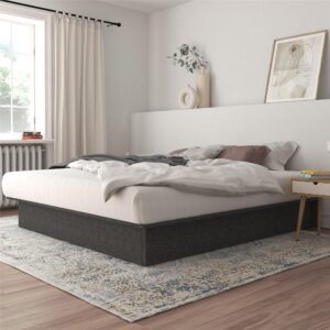 dhp maven upholstered platform bed with 11 inch height for raised mattress support, no box spring needed, king, gray linen