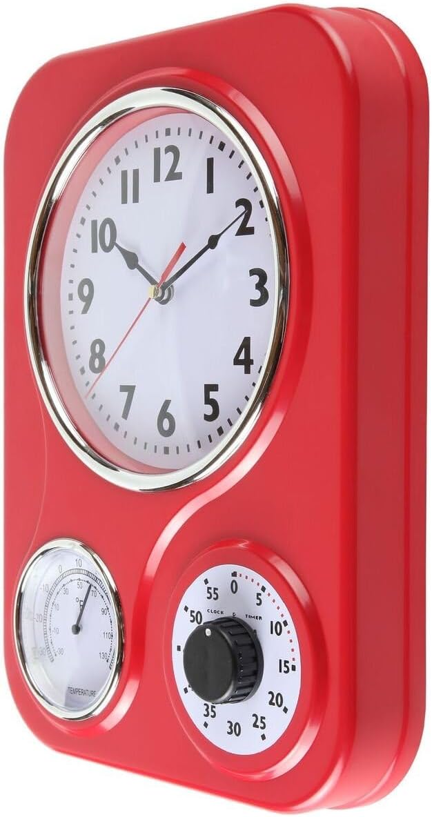 Lily's Home Retro Kitchen Clock with Temperature and Timer (Red)