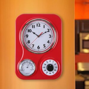 Lily's Home Retro Kitchen Clock with Temperature and Timer (Red)